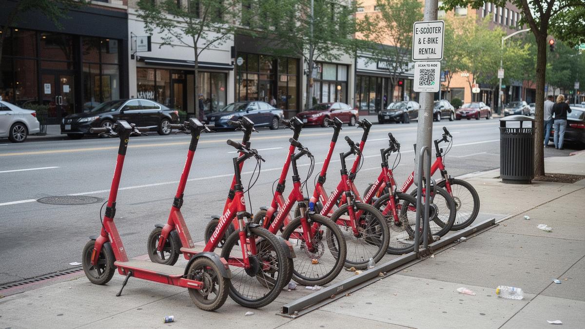 Row of red rental e-scooters and e-bikes parked at a Kyiv pickup station